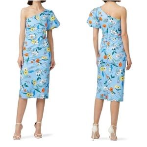 Hunter Bell Margo One Shoulder Dress Light Blue Floral Pleated Body Con Midi 6